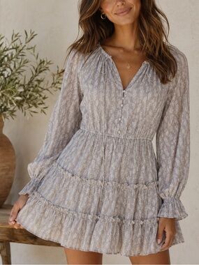 Blu Pepper Mini Dress Tiered Leaf Print Taupe Womens S Boho Cottagecore